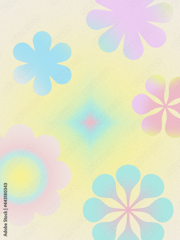 Hippie flower power. Vintage, retro style. Simple background. Digital grainy, noise gradient texture. Wallpaper, template, print poster. Minimal, minimalist. Pink, blue, turquoise, yellow pastel color