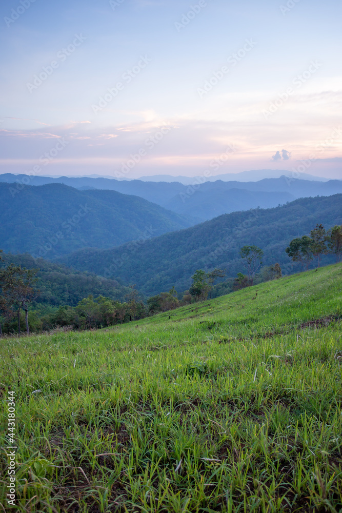 Obraz premium Sunset mountain scenery, green fields, agricultural areas that Thailand. Beautiful mountain views and space for text above.