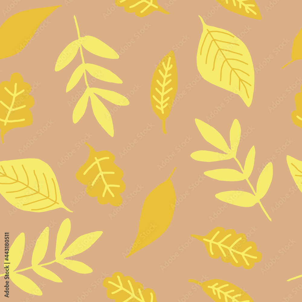 autumn leaves seamless pattern in trending colors 2021. hand drawn doodle. vector, minimalism. textile, digital, wrapping paper, background. orange, yellow, gold