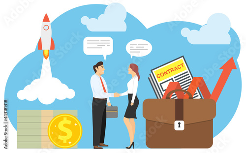 Conclusion of a deal, a lucrative contract. A man and a woman shake hands. Vector illustration.