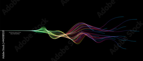 Vector abstract wave lines flowing dynamic in colorful spectrum colors isolated on black background for concept of modern, technology, digital, communication, science, music.