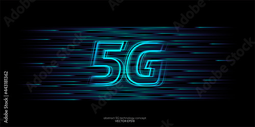 Vector 5G hight speed network technology concept by blue light lines speed motion pattern isolated on black background for banner, logo, symbol.