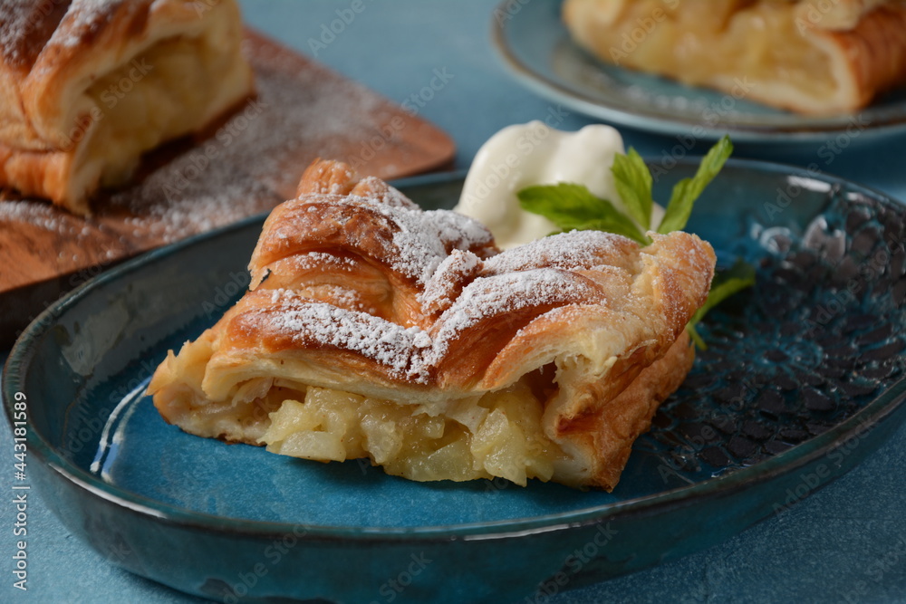 Austrian strudel with mint and with powdered sugar on a plate. Cake with apple jam Austrian strudel with mint and with powdered sugar on a plate. Cake with apple jam