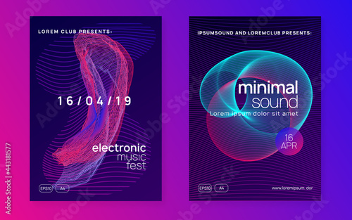 Neon electronic poster. Electro dance dj. Music sound fest. Night club event flyer. Techno party.