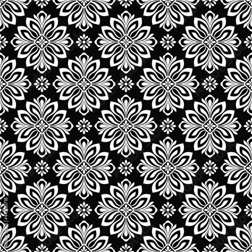 Floral seamless pattern with baroque style ornament. Modern stylish texture. Black and white. Repeating vector background.