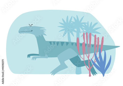 Gray cartoon cute dinosaur running through primeval forest. Vector graphics