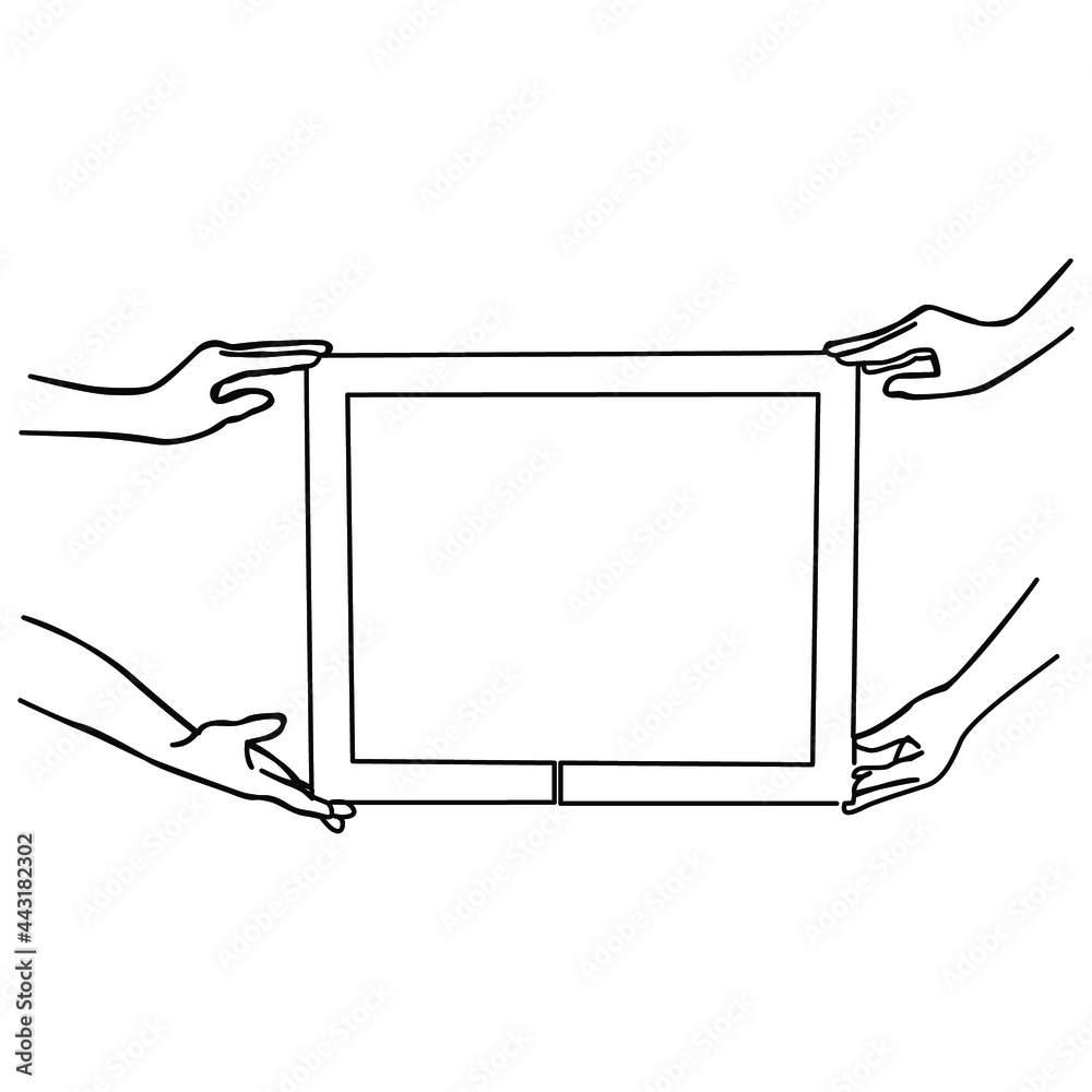 one line continuous drawing four hands holding frame