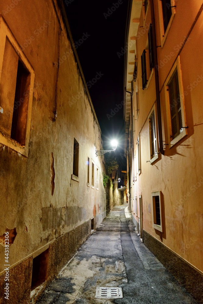 Night view of narrow street at historic centre of Verona (Italy) at dawn