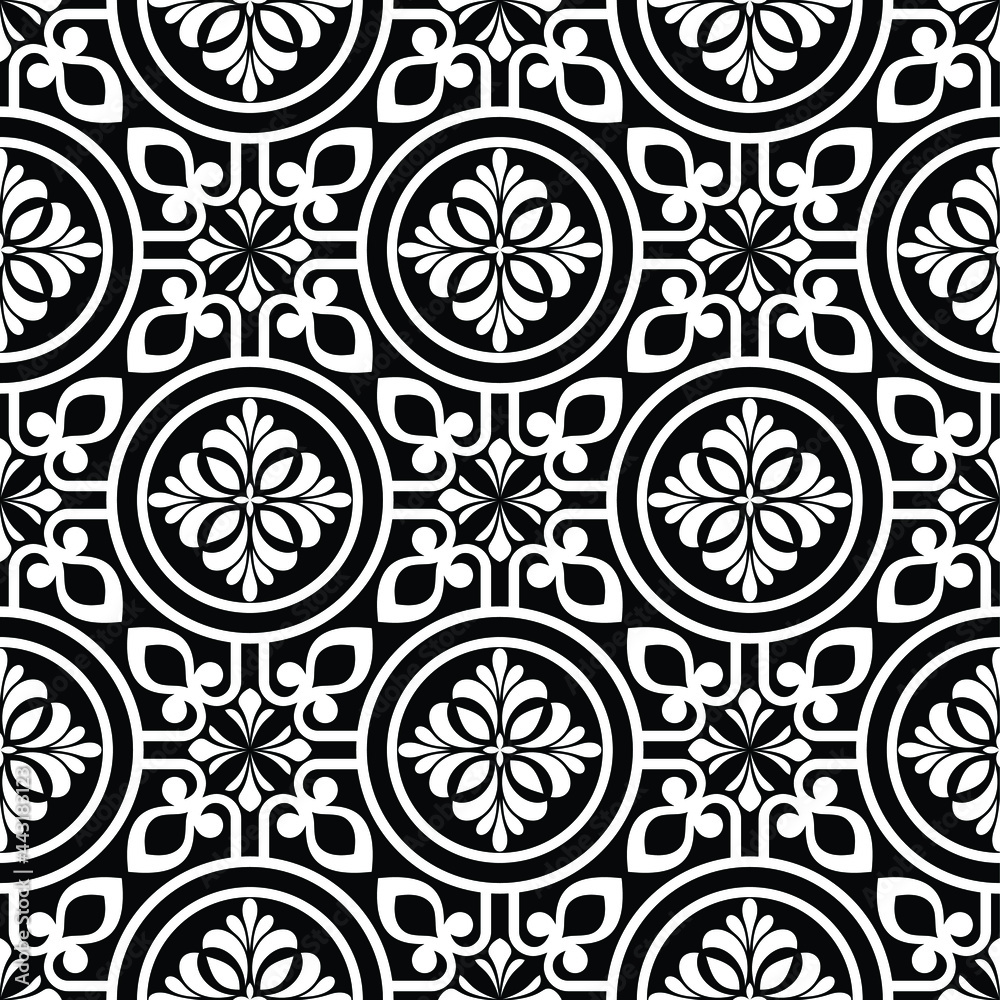 Obraz premium Abstract geometric seamless floral pattern. ornament for wrapping, wallpaper, tiles. black and white graphic vector background.