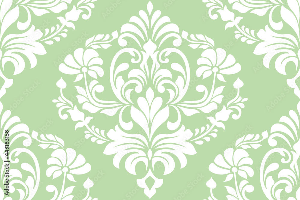 Damask seamless vector background. baroque style pattern. Green and white floral element. Graphic ornate pattern for wallpaper, fabric, packaging, wrapping. Damask flower ornament. Damask seamless vector background. baroque style pattern. Green and white floral element. Graphic ornate pattern for wallpaper, fabric, packaging, wrapping. Damask flower ornament.