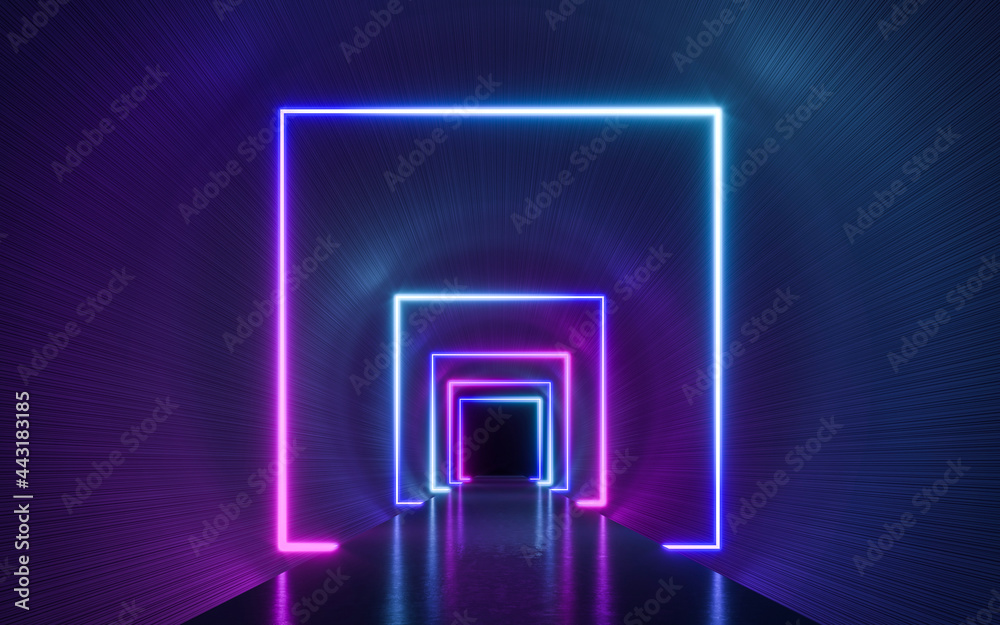 Futuristic Sci Fi Dark Empty Background With Blue And Purple Neon Lights. 3d rendering
