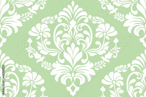 Damask seamless vector background. baroque style pattern. Green and white floral element. Graphic ornate pattern for wallpaper  fabric  packaging  wrapping. Damask flower ornament.