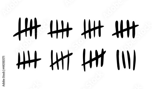Tally mark. Lines or hand-drawn sticks are sorted by four and crossed out. Simple mathematical visualization of counting, prison or prison counter, counting labels. Vector illustration