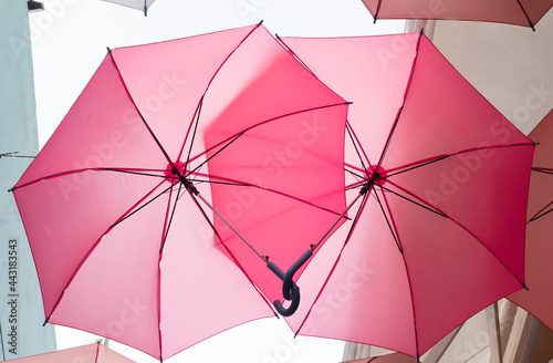 Two pink umbrellas floating above the street.