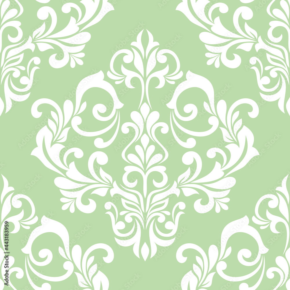 Damask seamless vector background. baroque style pattern. Green and white floral element. Graphic ornate pattern for wallpaper, fabric, packaging, wrapping. Damask flower ornament.