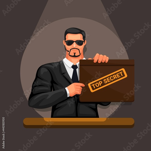 Man holding Top Secret folder case with spotlight on dark room avatar character symbol vector