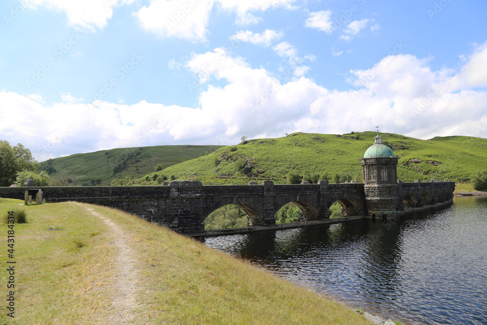 The picturesque Craig Goch dam wall in the Elan Valley, Powys, Wales, UK.