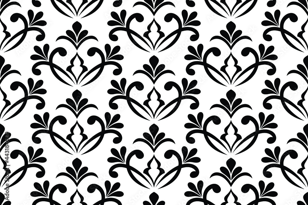 Flower geometric seamless pattern. Black and white ornament. Fabric for ornament, wallpaper, packaging, vector background.