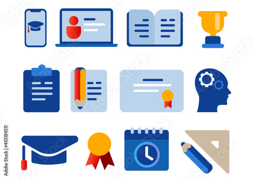 icon set of online education laptop screen smartphone book cap pencil trophy learning training web diploma course