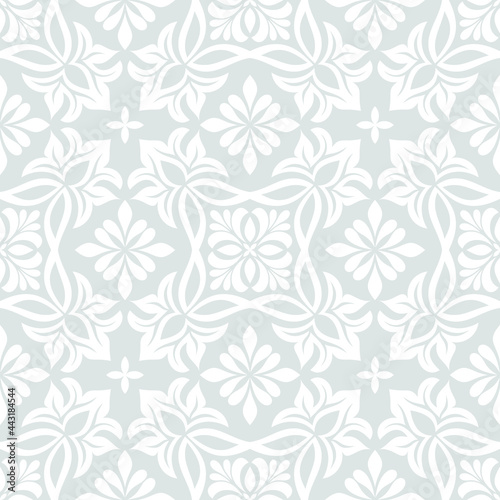 Floral geometric seamless pattern. Gray and white ornament. Fabric for ornament, wallpaper, packaging, vector background