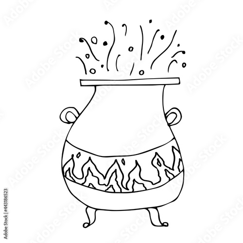 Vector illustration for Halloween. An image of a witch's cauldron. Black outline. Hand-drawn. Design of posters, postcards, holiday decor.
