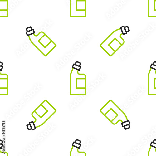 Line Plastic bottle for laundry detergent, bleach, dishwashing liquid or another cleaning agent icon isolated seamless pattern on white background. Vector