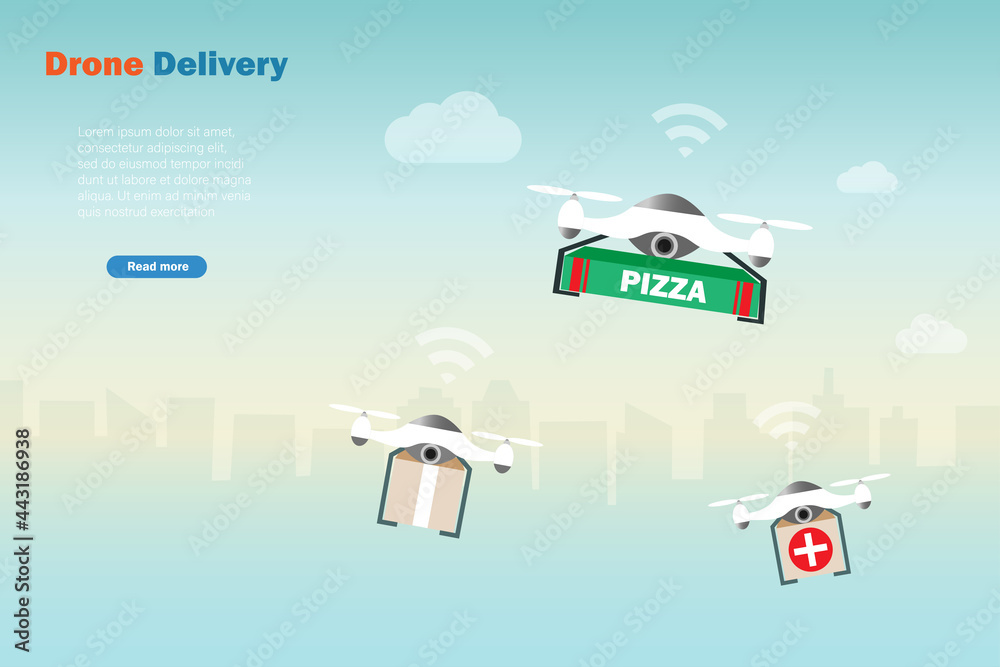 Flying drones delivery pizza, medicine and shipments to customer. Idea for drone delivery service, modern autonomous transportation technology in logistic and supply chain industry. 