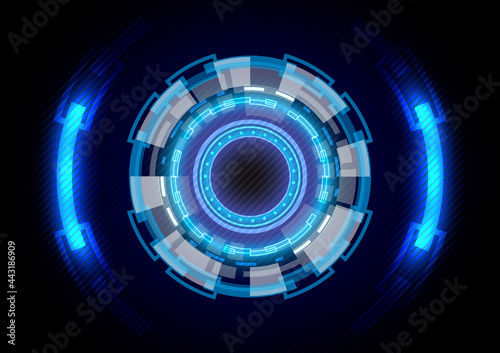 Futuristic hologram Sci-Fi glowing HUD circle. Abstract hi-tech background. Head-up display interface. Virtual reality technology innovation. Digital business. Light effect