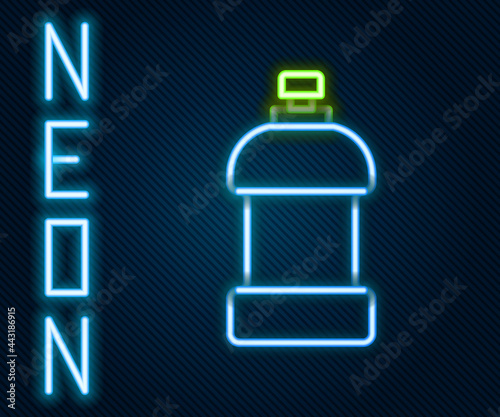 Glowing neon line Plastic bottle for laundry detergent, bleach, dishwashing liquid or another cleaning agent icon isolated on black background. Colorful outline concept. Vector