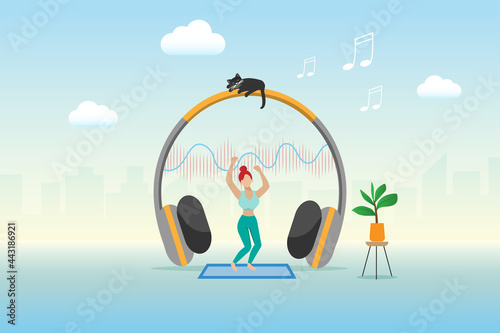 Women dancing, online listening music, live streaming audio in headphone devices with sound wave. Social media player application and entertainment technology concept.