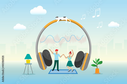 Couple dancing, online listening music, live streaming audio in headphone devices with sound wave. Social media player application and entertainment technology concept.