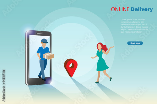 Delivery man from smart phone sending carton to woman with pin point map. Online shopping, smart logistic service on digital device concept.