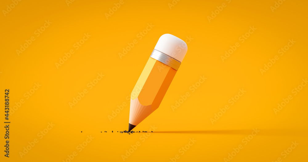 Yellow drawing pencil art design or education stationery equipment on creative color background with crayon paint writing object tool. 3D rendering. - obrazy, fototapety, plakaty 