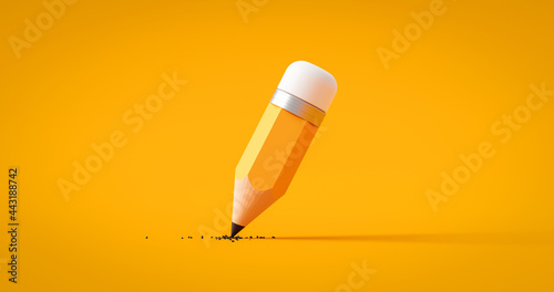 Yellow drawing pencil art design or education stationery equipment on creative color background with crayon paint writing object tool. 3D rendering. photo