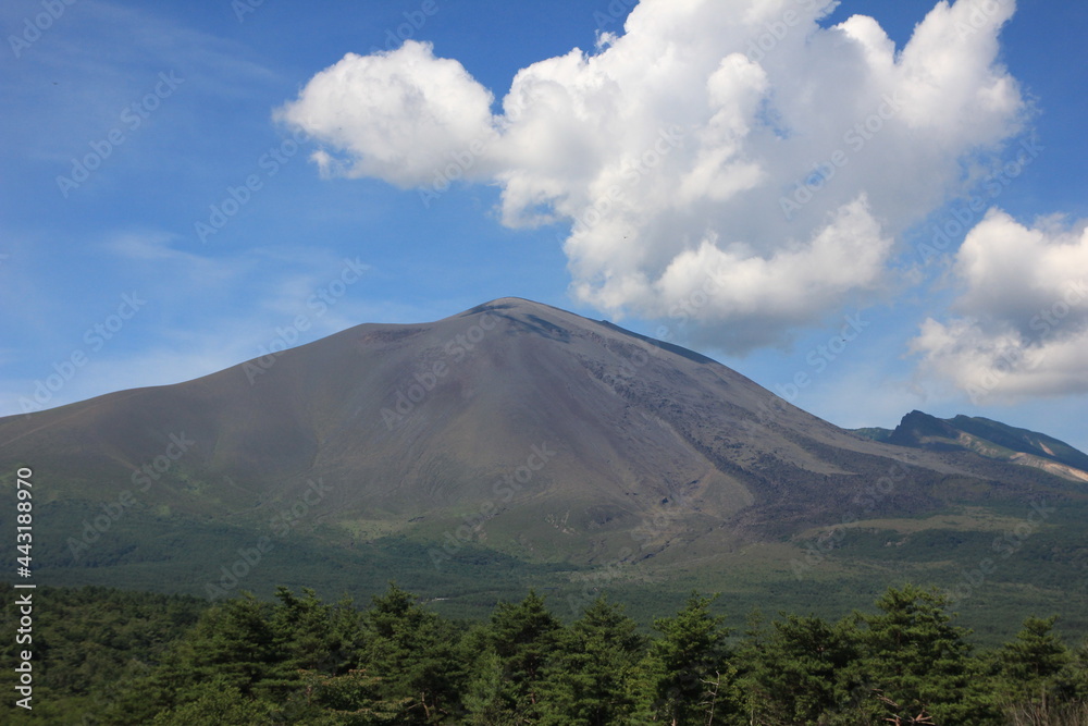 北軽井沢の夏。浅間牧場の風景。青い空と浅間山。 北軽井沢の夏。浅間牧場の風景。青い空と浅間山。