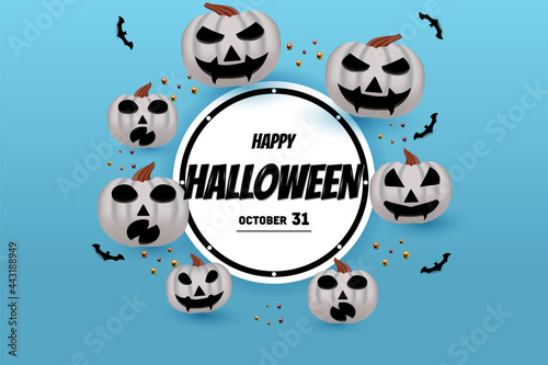 happy halloween on a white pumpkin background surrounding a circle.