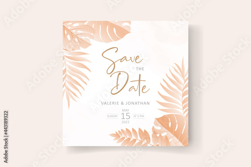 Wedding invitation card template with tropical leaf design