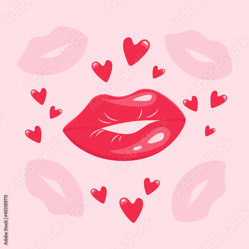 Bright juicy lips with hearts for the Day of Kisses. Color illustration of voluminous plump lips. Air kiss. Idea for stickers, cards, valentines, banners. Festive print. Vector for Valentine's Day.