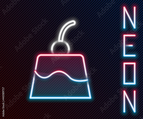 Glowing neon line Pudding custard with caramel glaze icon isolated on black background. Colorful outline concept. Vector