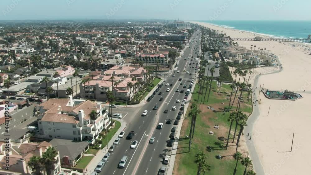 Aerial: Pacific Coast Highway, Huntington Beach, Orange County, USA Aerial: Pacific Coast Highway, Huntington Beach, Orange County, USA
