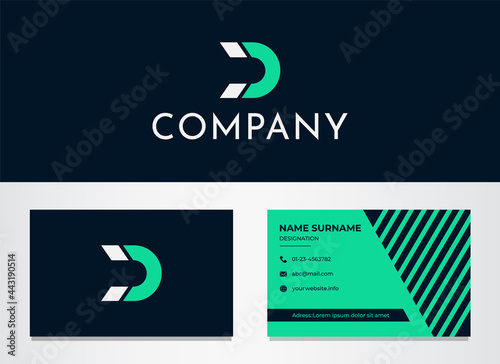 Logo and Business Card Design For A Magnet Company. Letter D And Magnet Shape Are Combined. Clean And Simple. Grid system. Green and blue colors are used.