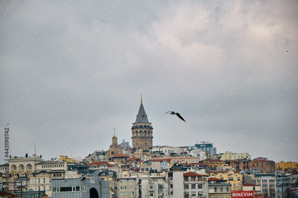 Turkey istanbul 04.03.2021. Famous galata tower of istanbul taken photo from istanbul bosphorus. Galata tower during overcast sky and rainy day with single seagull flying over the tower.