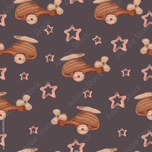 Wooden helicopter toy seamless pattern. Hand drawn watercolor wooden helicopter toy with golden stars seamless pattern, digital paper on a color background. Nursery room, baby textile, wallpapers.