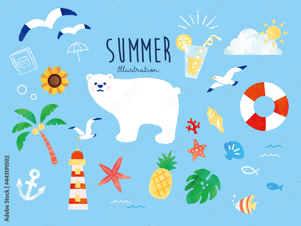 オシャレで可愛い夏モチーフの水彩イラスト(手書き、トロピカル、南国、ハワイ、ファッション、旅行、ひまわり、シロクマ) cute summer motif illustrations .handwritten, tropical, Hawaii, fashion, travel, sunflower, sea, Marine , watercolor , vector . オシャレで可愛い夏モチーフの水彩イラスト(手書き、トロピカル、南国、ハワイ、ファッション、旅行、ひまわり、シロクマ) cute summer motif illustrations .handwritten, tropical, Hawaii, fashion, travel, sunflower, sea, Marine , watercolor , vector .