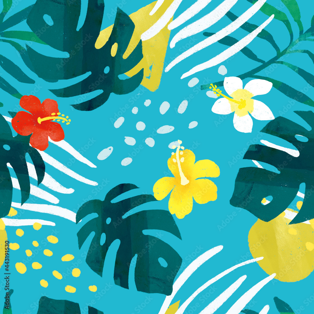 トロピカル 南国 ハイビスカス アロハ ボタニカルの柄 シームレスパターンイラスト Seamless Pattern Tropical Southern Hibiscus Aloha Botanical Patterns Stock Photo Adobe Stock