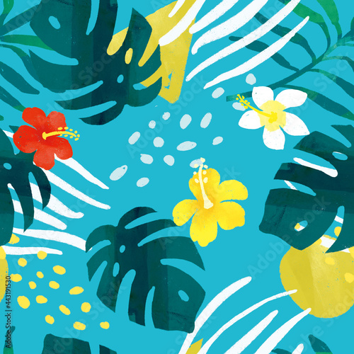 トロピカル、南国、ハイビスカス、アロハ、ボタニカルの柄.シームレスパターンイラスト seamless pattern. tropical, southern, hibiscus, aloha, botanical patterns.