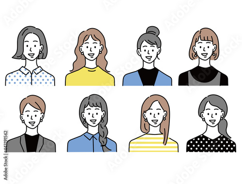 人物アイコンイラスト(女性、10代、20代、ファッション、髪型、若者、 顔パターン) Person icon illustration .female, male, fashion, hairstyle, youth, face pattern