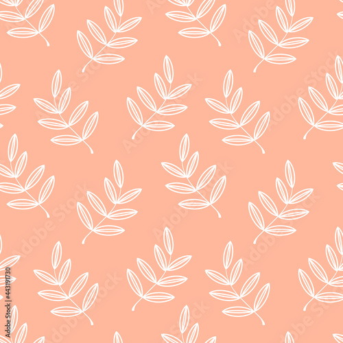 The leaves are drawn with a white outline on a pink background. Foliage and branches seamless pattern for trendy fabrics, decorative pillows, bed linen, interior design. Vector.