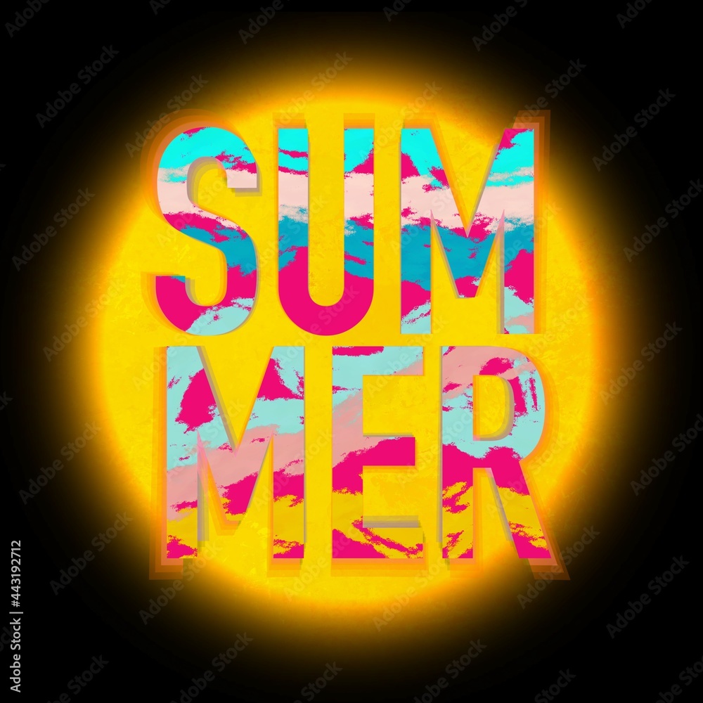 Fototapeta premium Abstract Hand Drawing Grunge Summer Text with Sun Background Sticker Placement Print Pattern