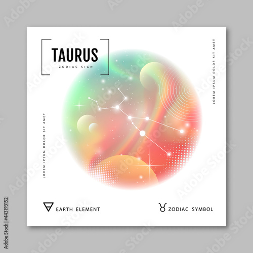 Modern magic witchcraft card with astrology Taurus zodiac constellation on holographic flow background